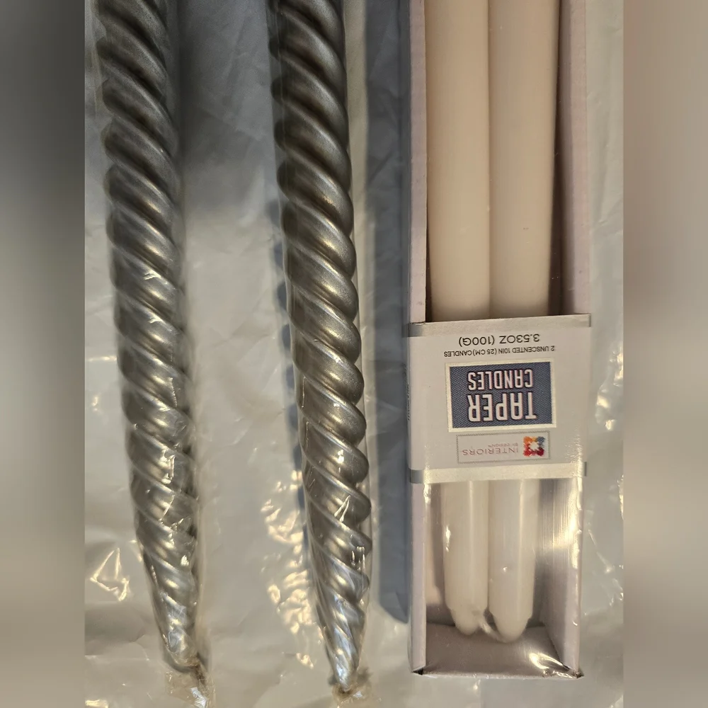 Elegant Silver and White Taper Candles 10 And 12 Inches New
